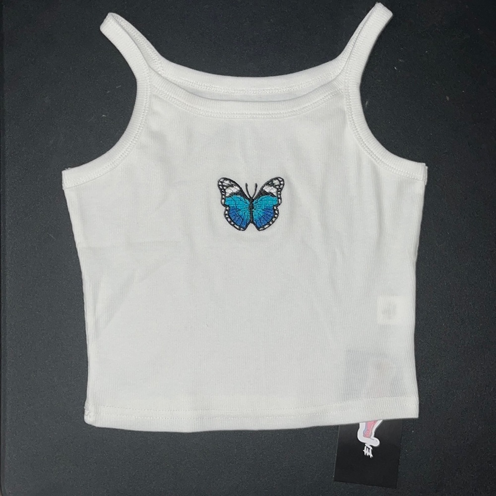 Butterfly Embroidered White Crop Halter Tank Top